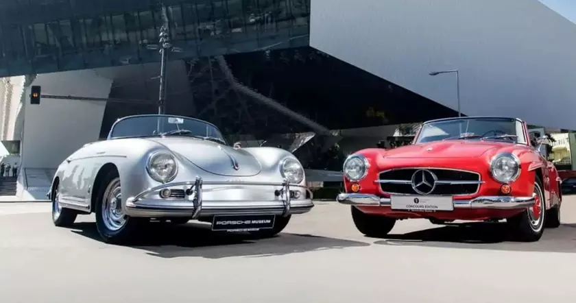 Редкий кадр: культовые Porsche 356 и Mercedes W111 рядом с Музеем Porsche