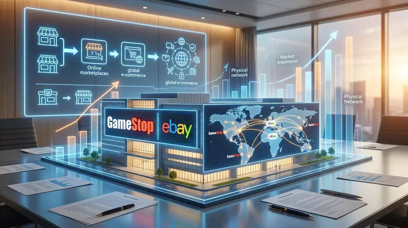 Логотипы GameStop и eBay на фоне графиков