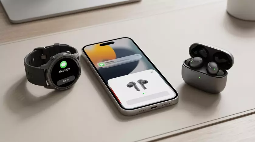 Смарт-часы и наушники рядом с iPhone
