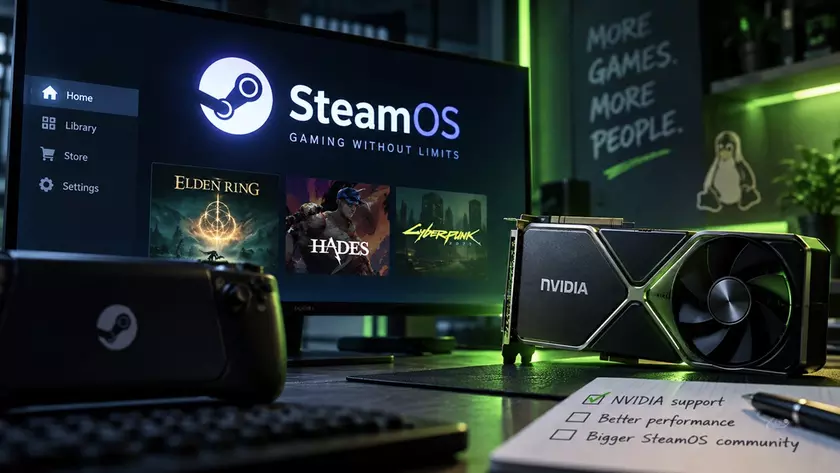 Логотип SteamOS на фоне комплектующих ПК