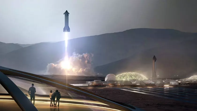 Космический корабль Starship на фоне Марса