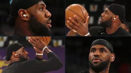 NBA basketball player LeBron James walks with unannounced TWS headphones Beats Studio Buds