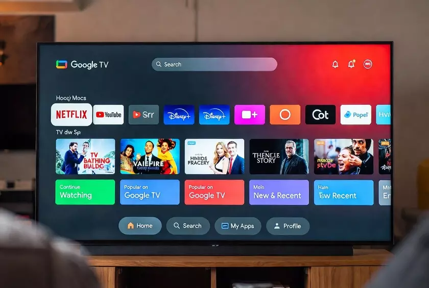 Интерфейс Google TV на экране телевизора