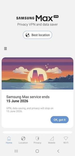 Интерфейс сообщения о закрытии Samsung Max