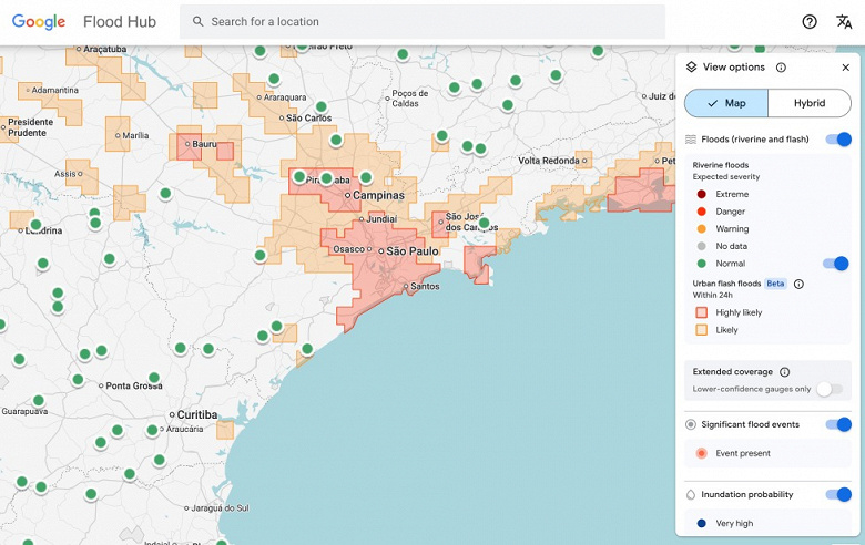 Інтерфейс Google Flood Hub