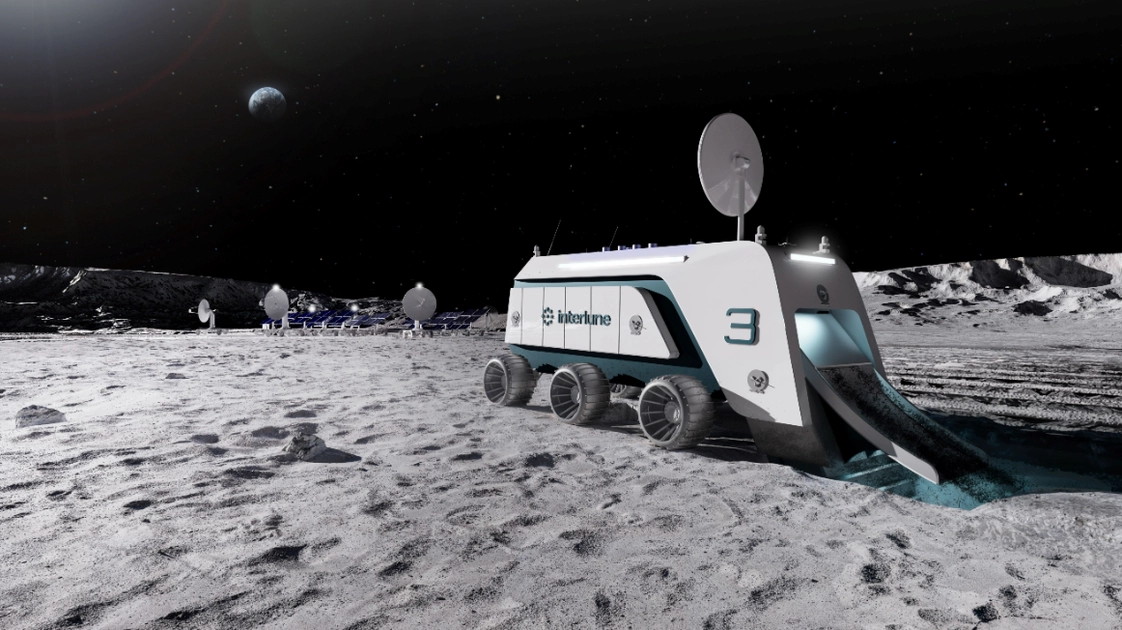 Concept rendering of a lunar helium-3 extraction operation, showing mining equipment and a solar power array. Illustration: Interlune