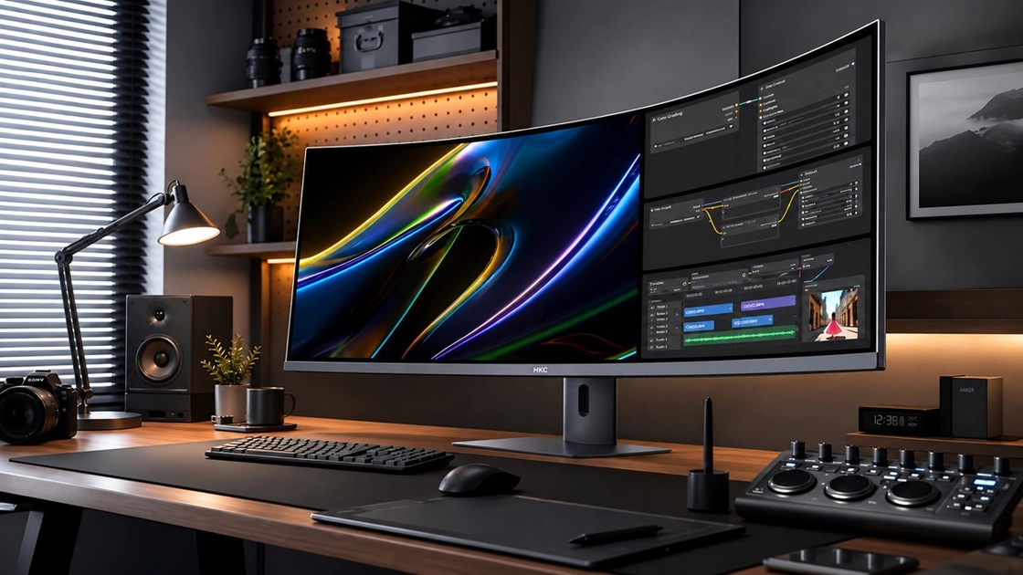 HKC Tianqi 43H180C — a 43.8-inch 24:9 Mini LED ultrawide with 5760×2160 resolution and a 1000R curve.