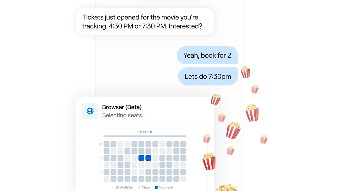 Interface Muse réservant des billets de cinéma via un navigateur intégré