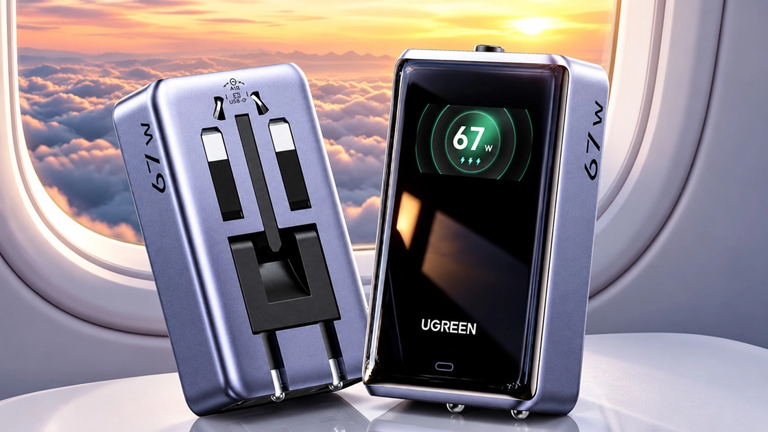 Ugreen's 67W travel adapter with swappable plugs for US, EU, UK, and Australian outlets.