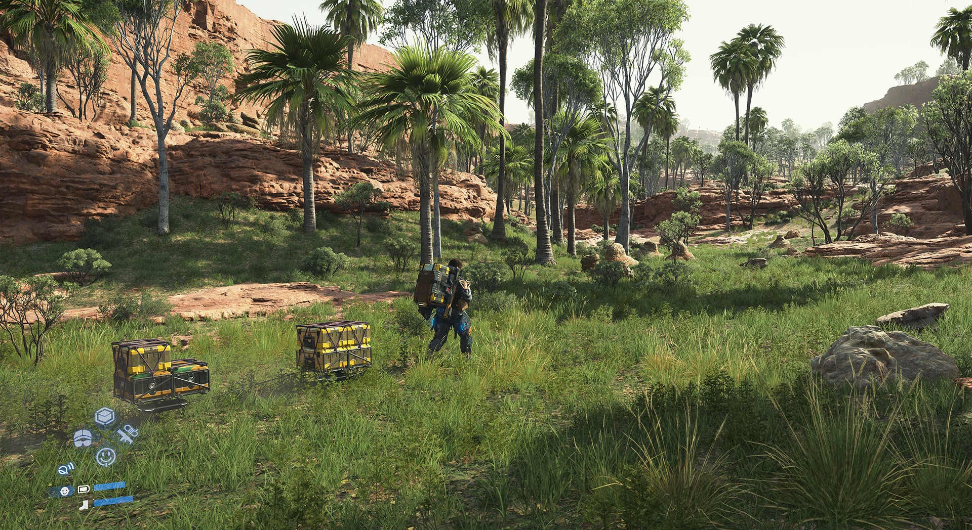 Landscape from Death Stranding 2, showing a variety of natural conditions