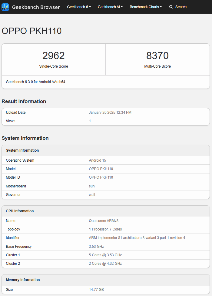 Oppo Find N5 (model PKH100) test results. Illustration: Geekbench
