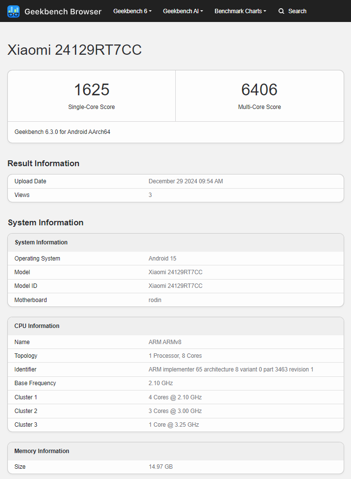 Résultat du test du processeur Dimensity 8400-Ultra sur le smartphone Redmi Turbo 4
