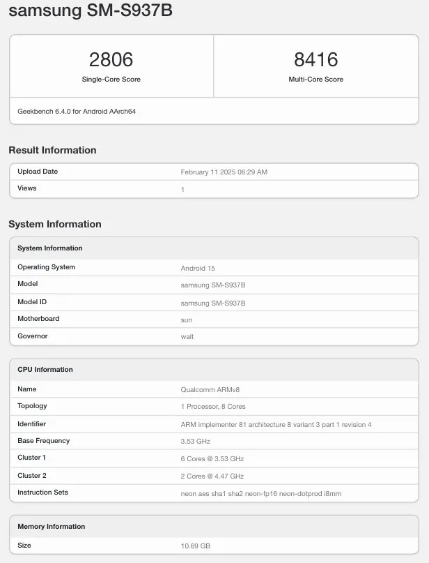 Testez la version mondiale du Galaxy S25 Edge sur Geekbench