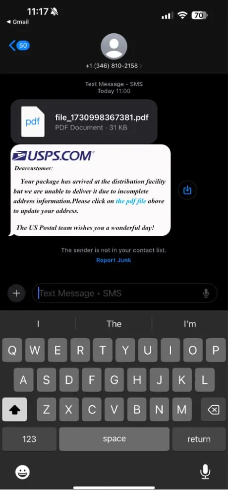 An example of a phishing attack using a PDF file.