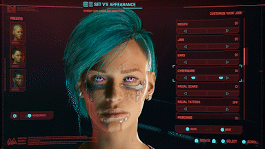 Целый экран с кастомизацией персонажа в Cyberpunk 2077