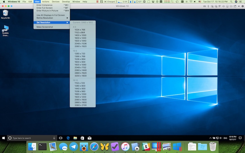 Выбор разрешения для ВМ в Parallels Desktop 13