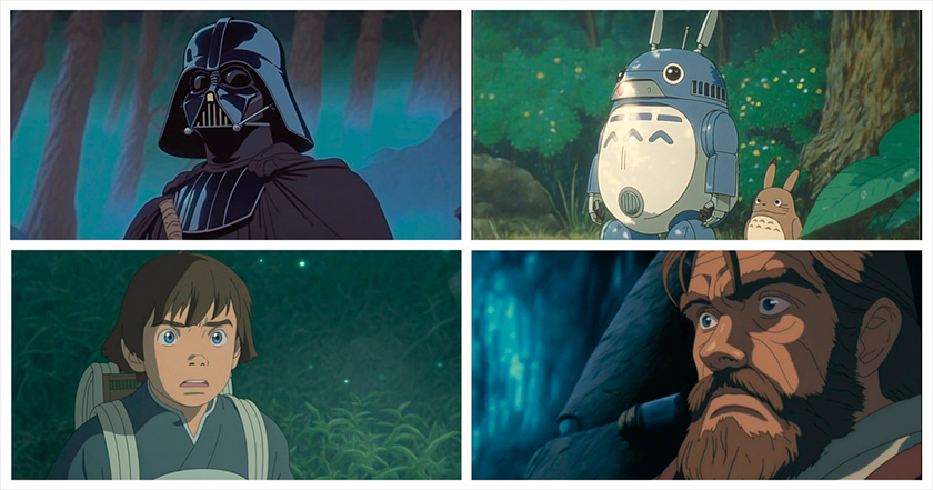 Nijijourney neural network depicts iconic Star Wars characters in Studio Ghibli style