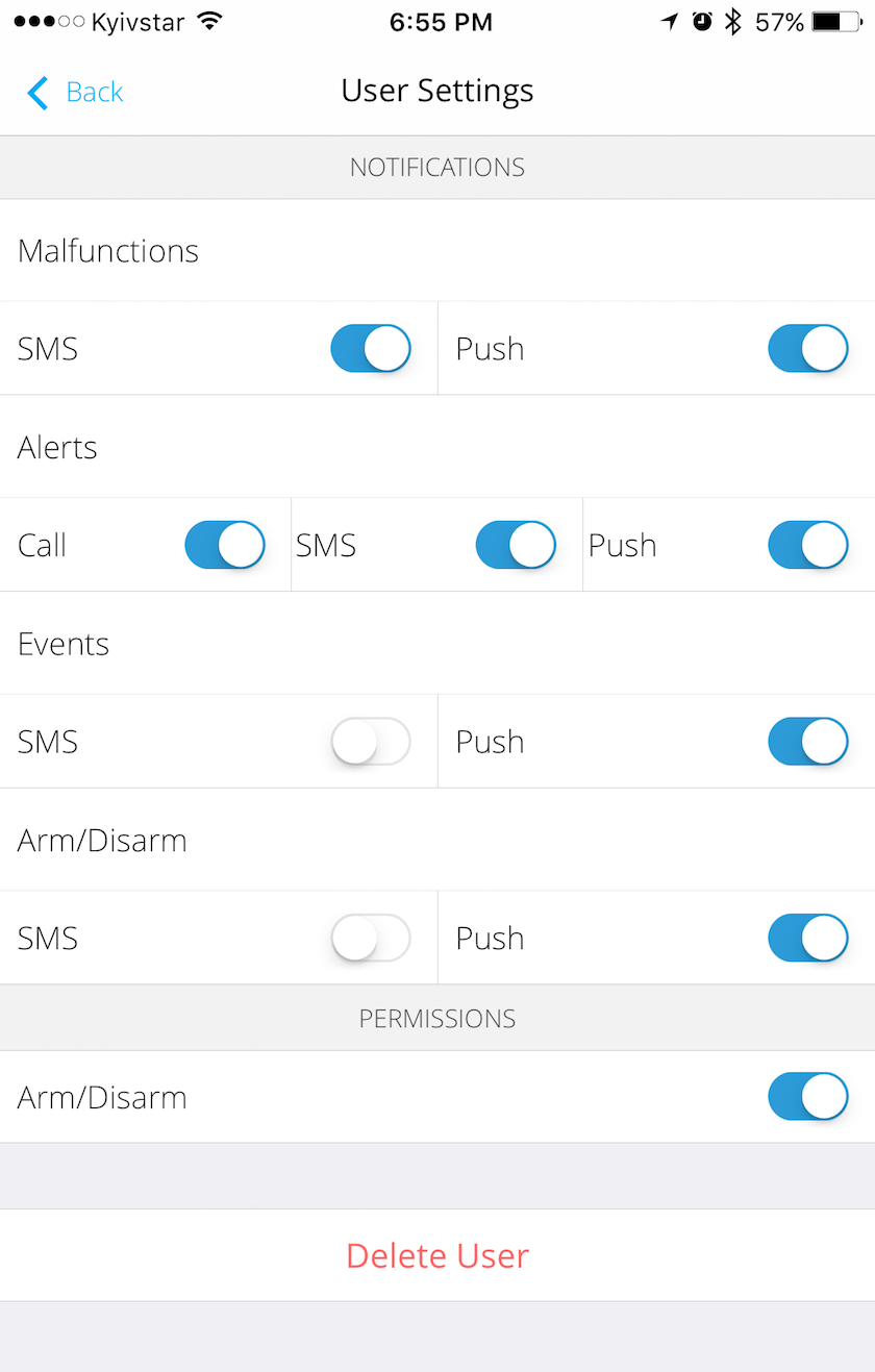 Example of window with notifications settings