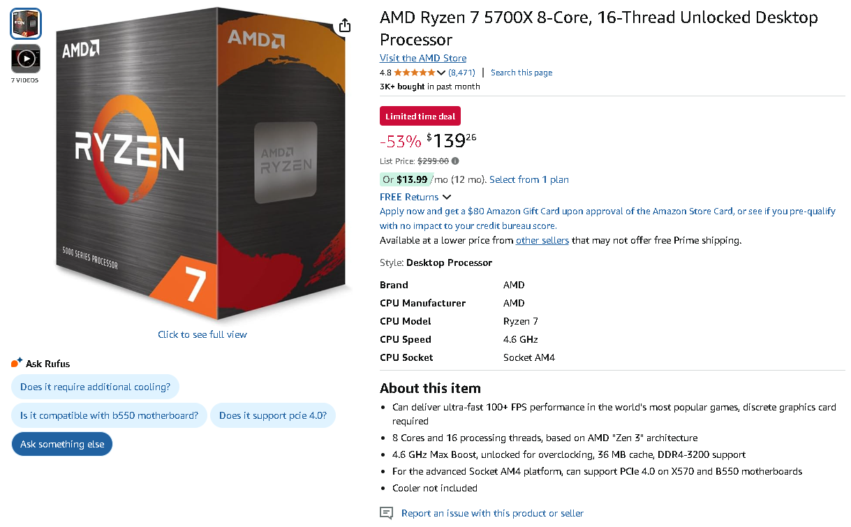 AMD Ryzen 7 5700X Screenshot of the AMD Ryzen 7 5700X 8-Core processor