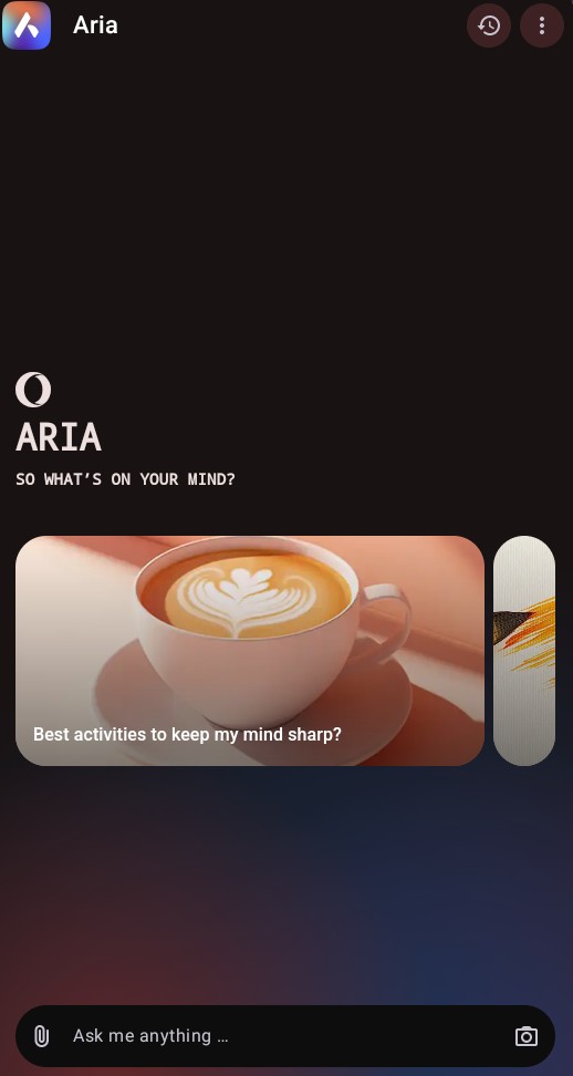 Aria AI in the Opera Mini mobile browser
