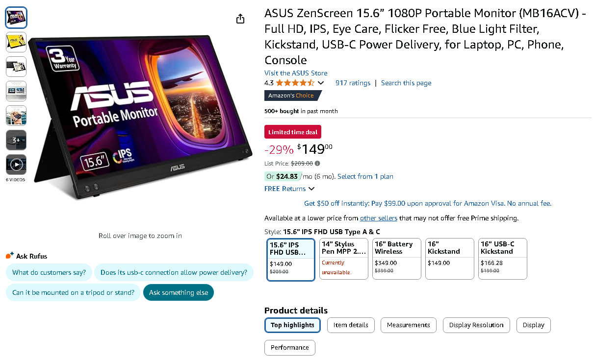 ASUS ZenScreen MB16ACV portable display
