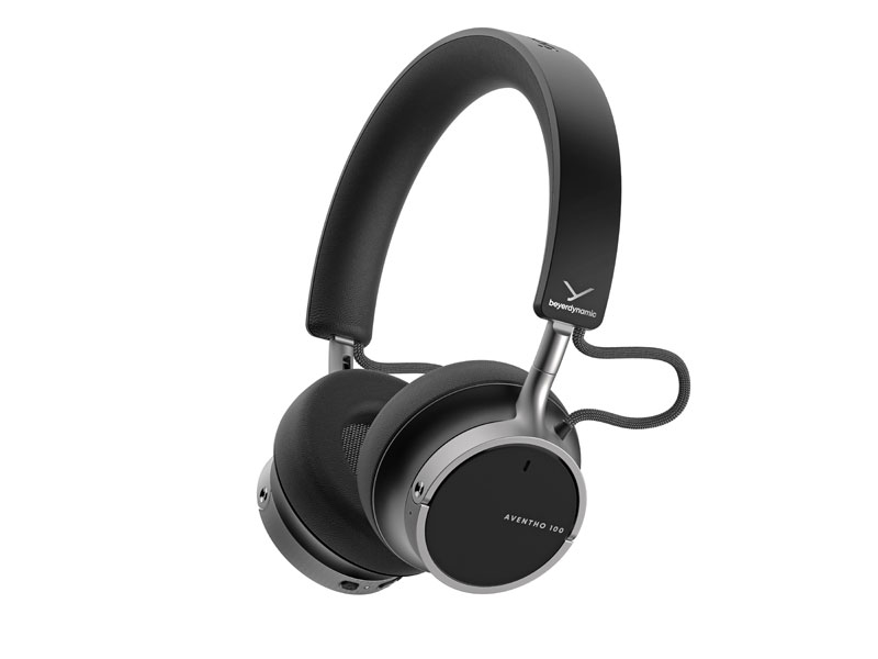 Perspective view of the Beyerdynamic Aventho 100 black headphones