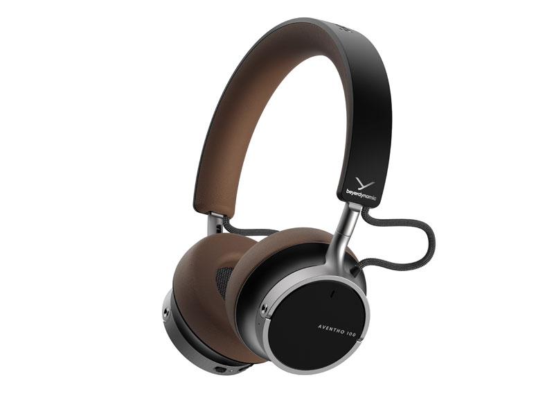 A perspective view of the Beyerdynamic Aventho 100 brown headphones