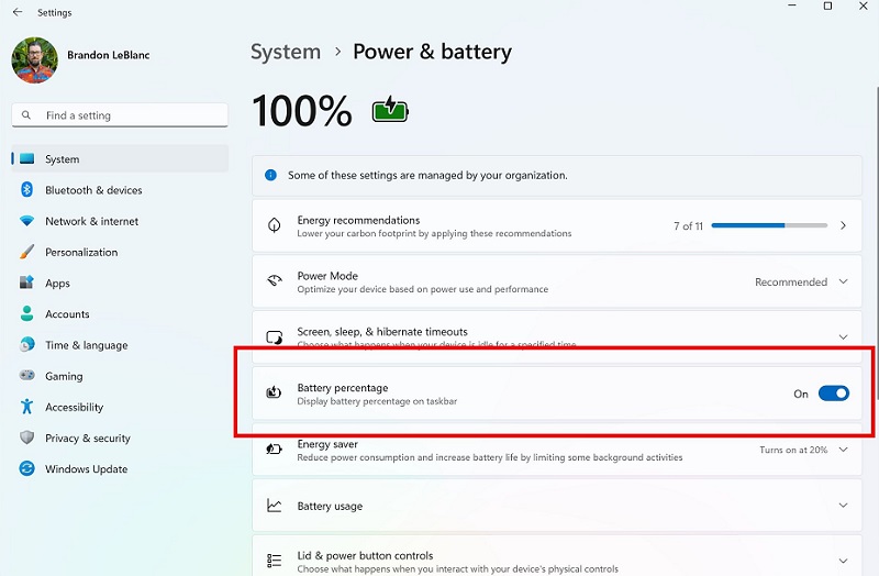 Switch to enable the battery percentage display in the settings