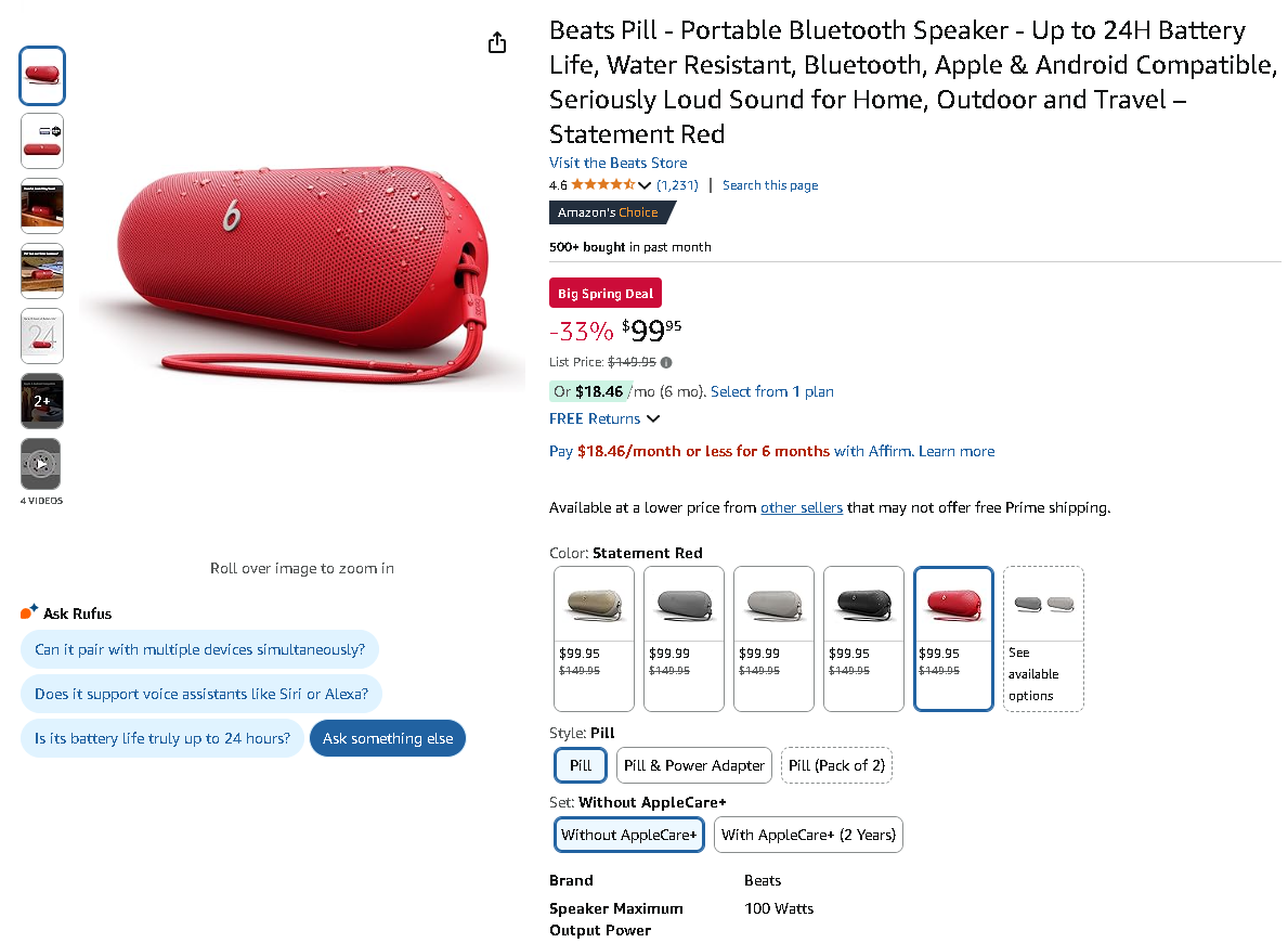Beats Pill Bluetooth Speaker Screenshot of the Beats Pill Bluetooth Speaker on Amazon