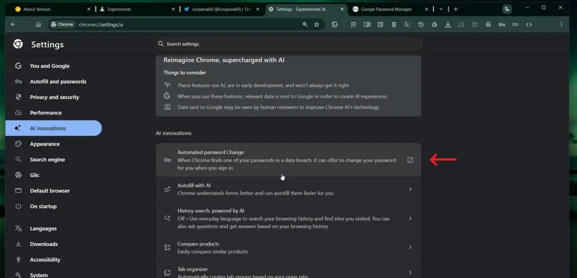 Interface for changing password in Google Chrome