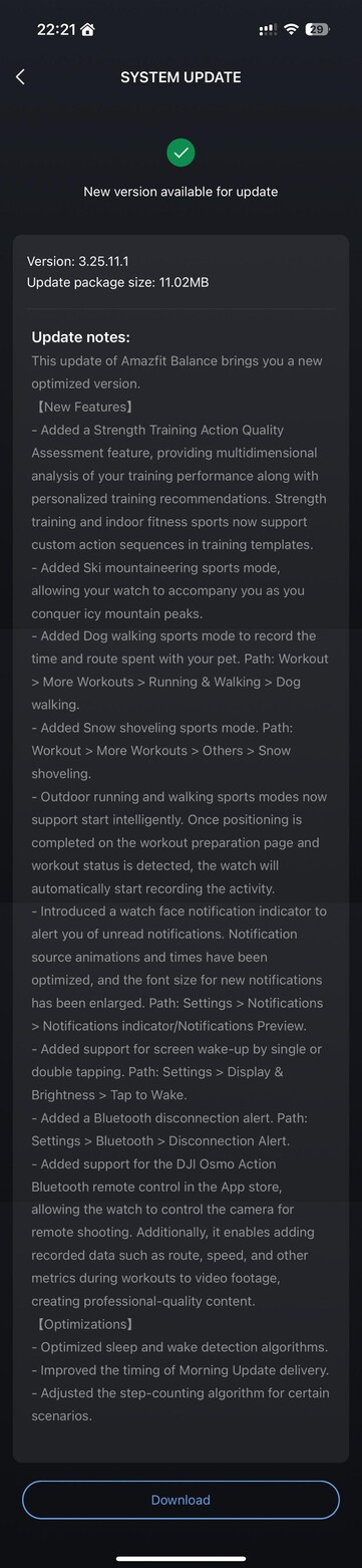 Amazfit Balance smartwatch update details, version 3.25.11.1