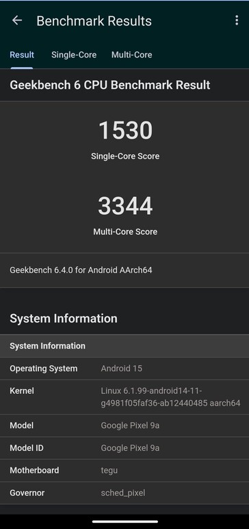 Résultats des tests Geekbench pour le Pixel 9a