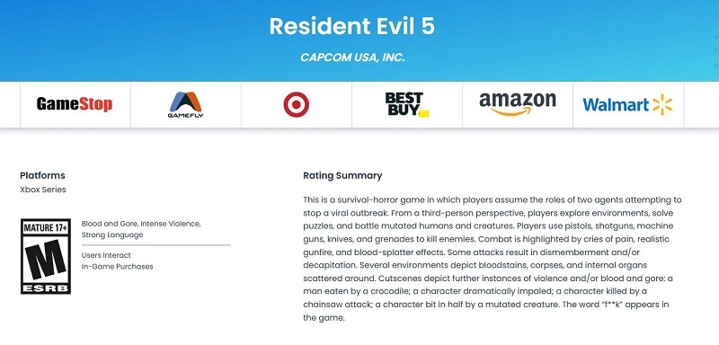 Resident Evil 5 age rating for the Xbox Series. Source: ESRB