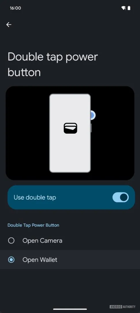 Double pressing the power button to open the wallet in Android 16