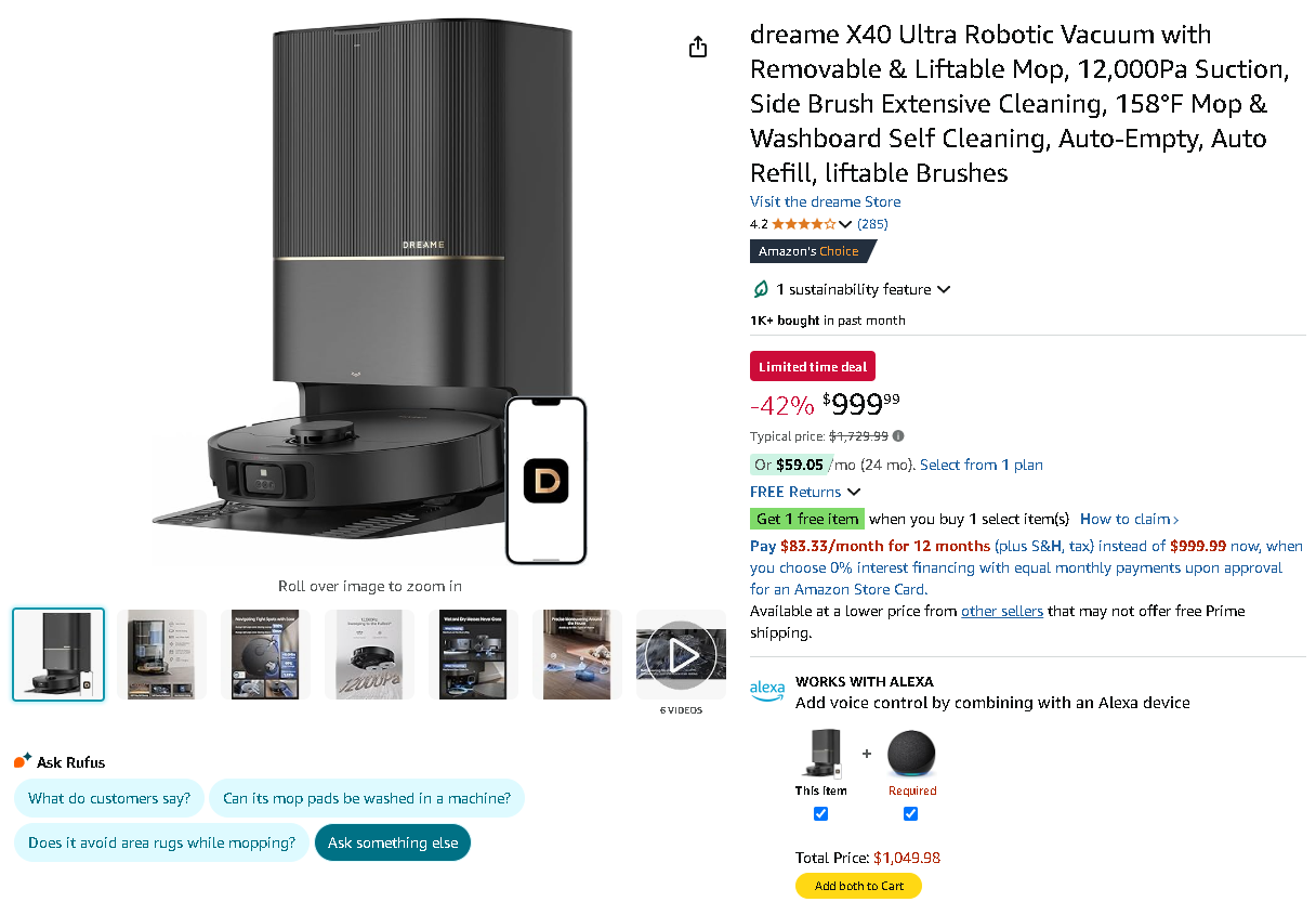 Screenshot of the Dreame X40 Ultra vacuum on Amazon