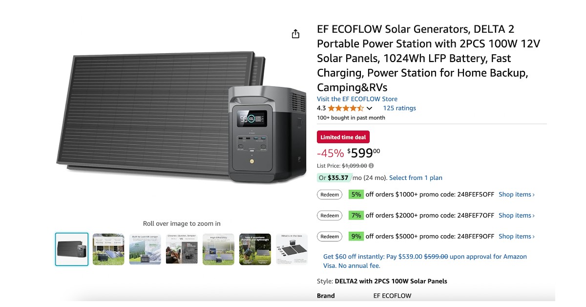 Great News!EF ECOFLOW Solar Generators DELTA 2 with 2 Solar Panels for $500 Off!