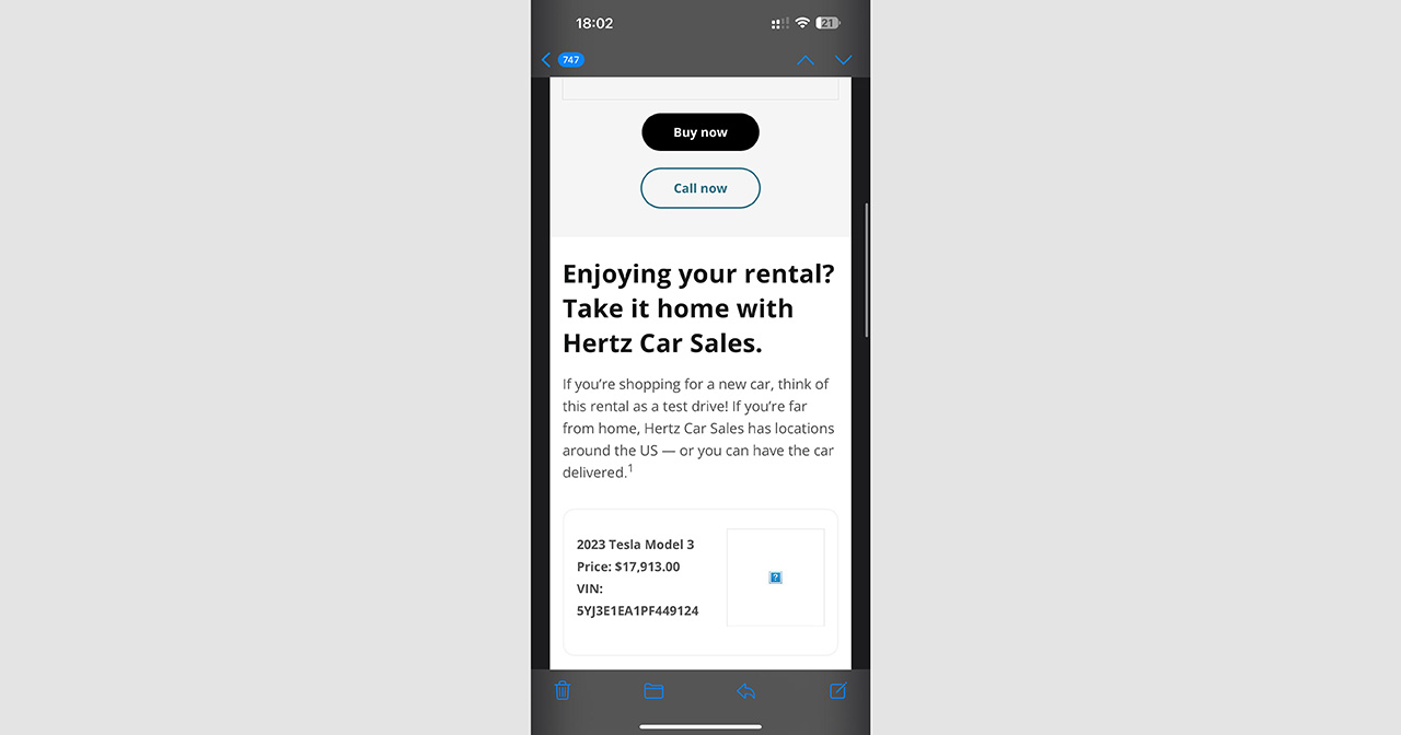 Capture d'écran d'un courriel de Hertz proposant de racheter la Tesla Model 3