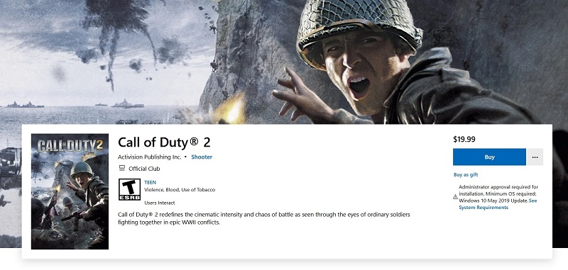 Capture d'écran de la page Call of Duty 2 sur le Microsoft Store