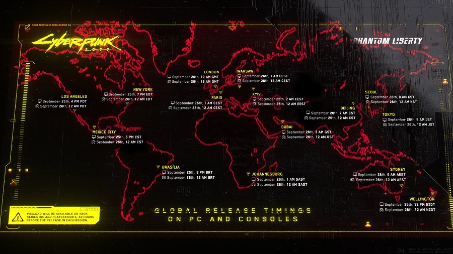 Now you definitely won't miss it! CD Projekt RED has published a visual map showing the release time of the Phantom Liberty expansion for Cyberpunk 2077 in major time zones-2