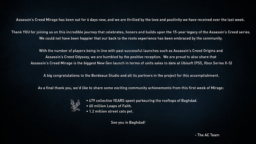Более миллиона обласканных котиков и 60 миллионов “Прыжков Веры”: Ubisoft подвела итоги Assassin’s Creed Mirage за первую неделю после релиза-2