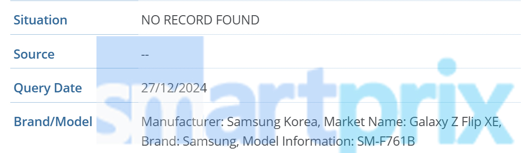 Information about Samsung Galaxy Z Flip FE (XE) in GSMA database
