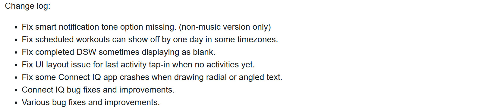 Garmin software change log for version 22.24. Illustration: Garmin