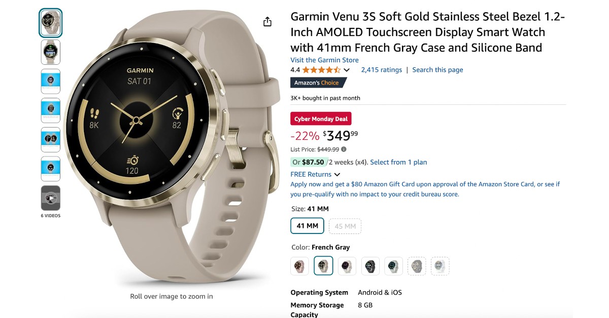 Garmin Venu 3S Soft Touchscreen Display Smart Watch - Now $100 Off! Amazing Deal!
