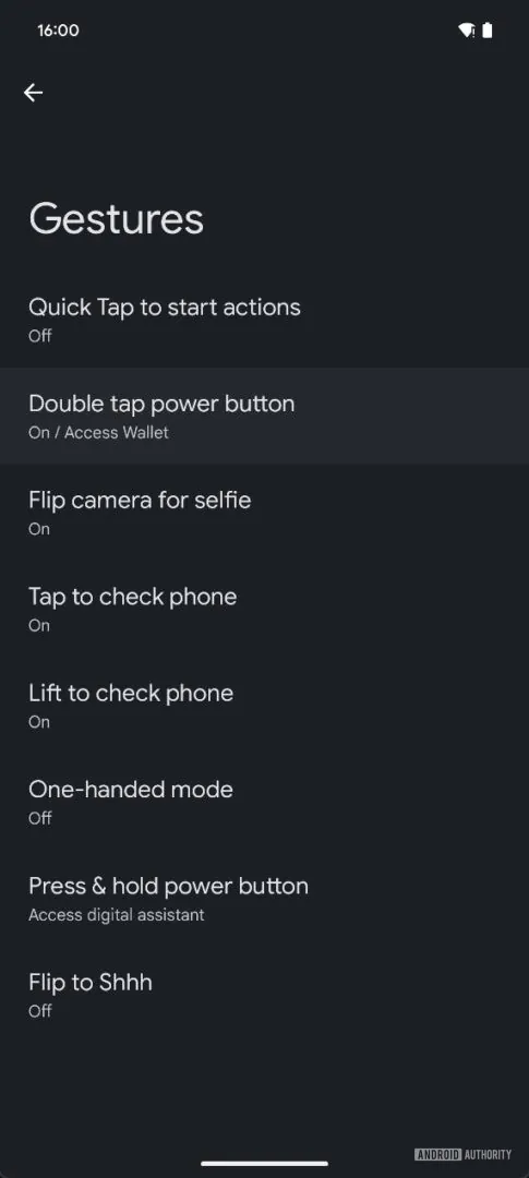 Setting up gestures in Android 16