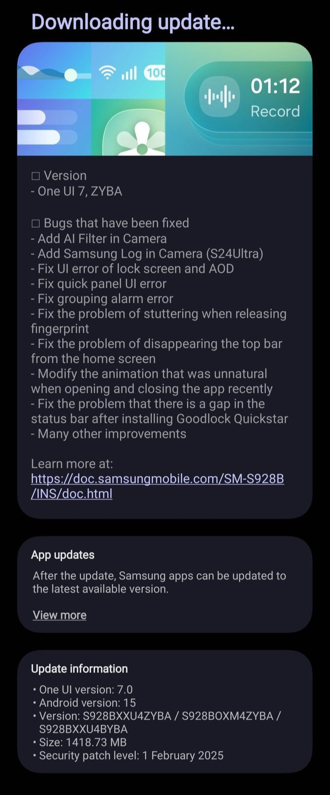 Screenshot describing the new One UI 7.0 update