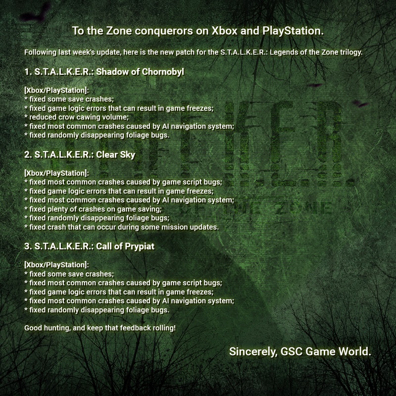Les corbeaux de Chornobyl vont croasser plus doucement : une mise à jour de la trilogie S.T.A.L.K.E.R. a été publiée. Légendes de la zone-2