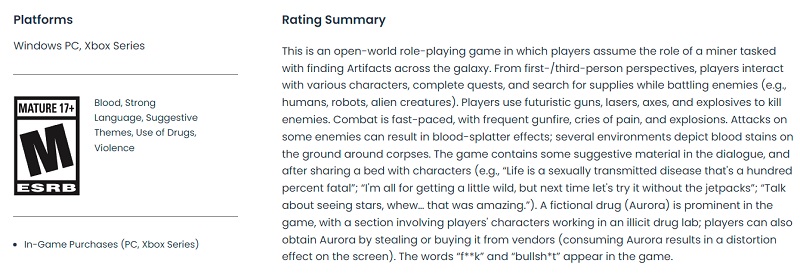 Violence, nudité, drogues et langage grossier : L'ESRB attribue à Starfield la classification Mature (17+).-2