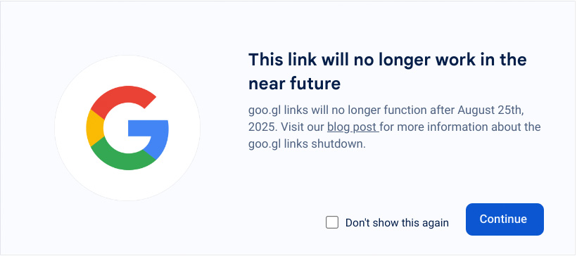 Intermediate page displayed for some goo.gl links from 23 August 2024. Illustration: Google