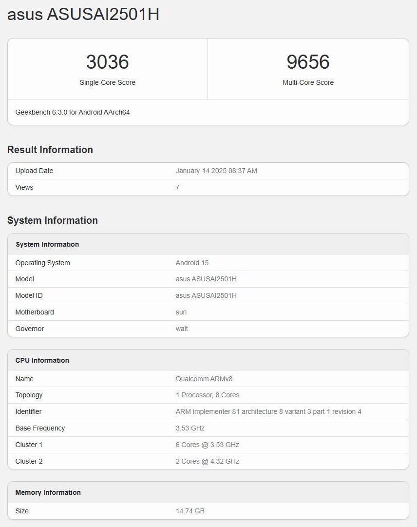 Asus Zenfone 12 Ultra test results. Illustration: Geekbench