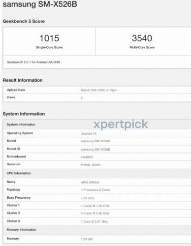 Galaxy Tab S10 FE (SM-X526B) on Geekbench. Illustration: xpertpick